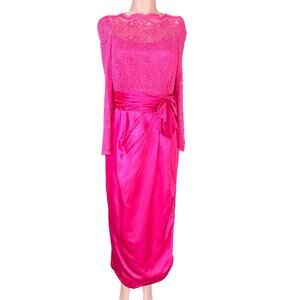 Vintage 1980s Bright Pink Satin & Lace Formal Dress Size Large, 1950s Style